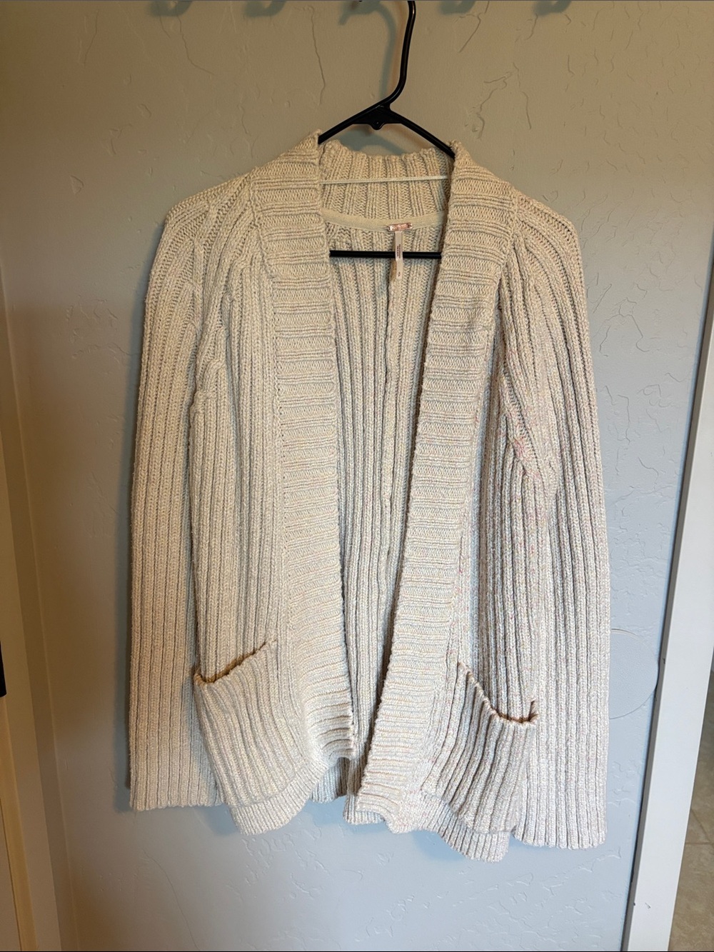 Free People Cream Ribbed Open-Front Cardigan